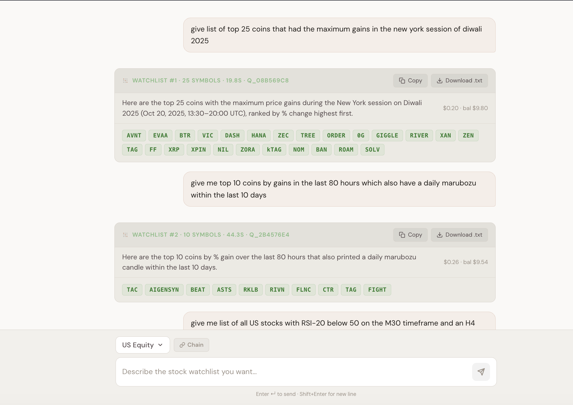 The Sortefi app: two plain-English queries and their resulting watchlists, each with Copy and Download .txt buttons.