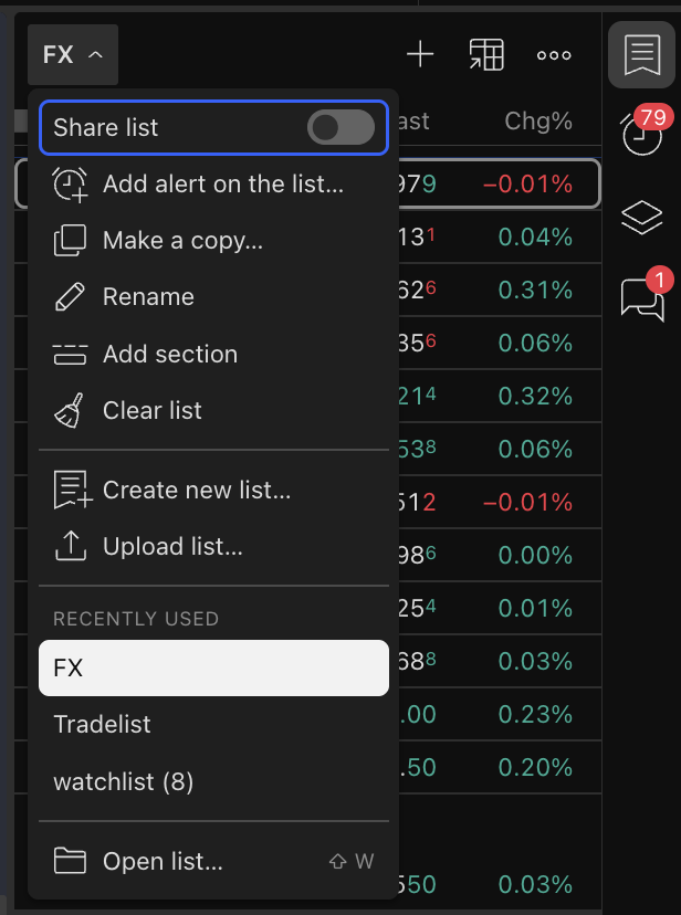 TradingView's watchlist menu open, showing the Upload list option used to import a Sortefi .txt watchlist.